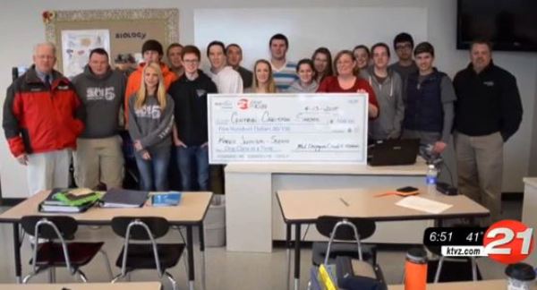 Central Christian School- One Class at a Time Debuts- Bob Shaw, Kyle Frick and educators and students celebrate the $500 check award.