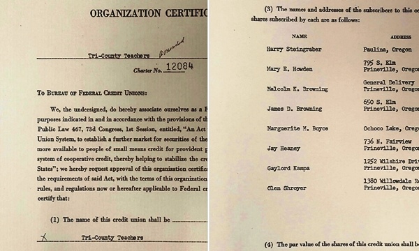 Mid Oregon Anniversary-58 Years: Mid Oregon Credit Union charter documents