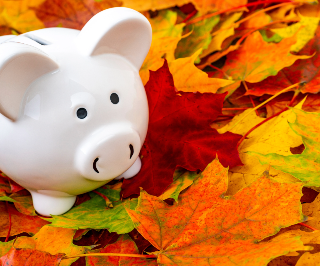 Fall Savings with autumn leaves and piggy bank