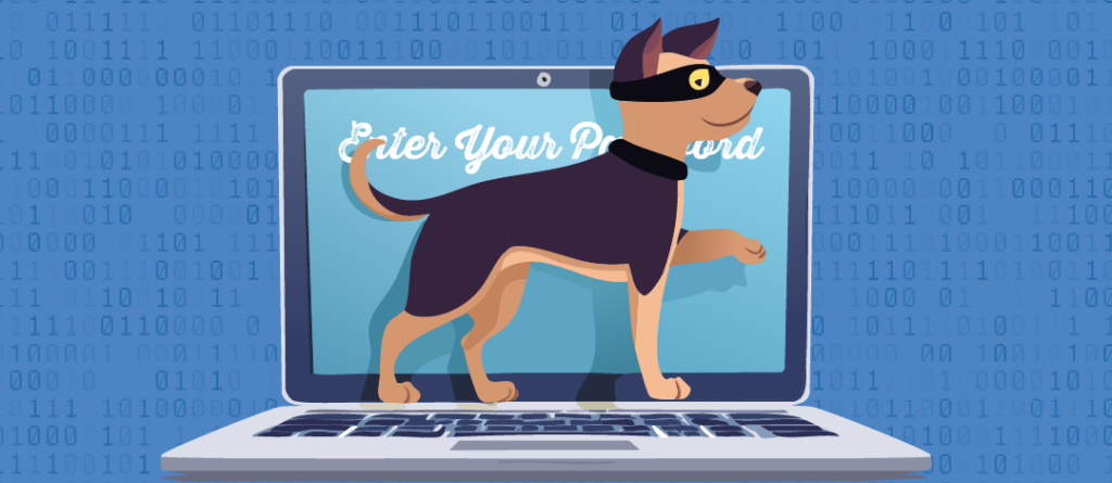 Avoiding Password Fatigue dog walking on a laptop keyboard with a mask on